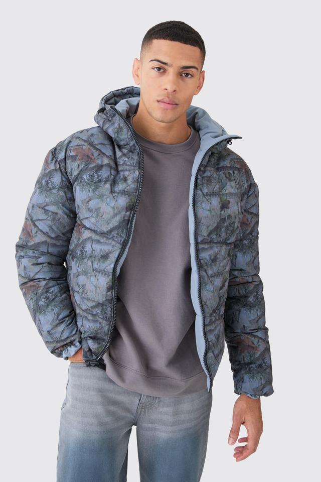 Mens Grey Reversible Camo Puffer Jacket, Grey Product Image