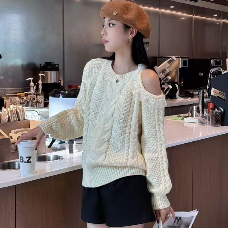 Cold Shoulder Plain Ruffle Cable Knit Sweater Product Image