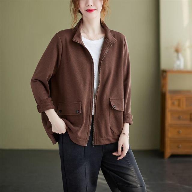 Stand Collar Plain Zip Jacket Product Image