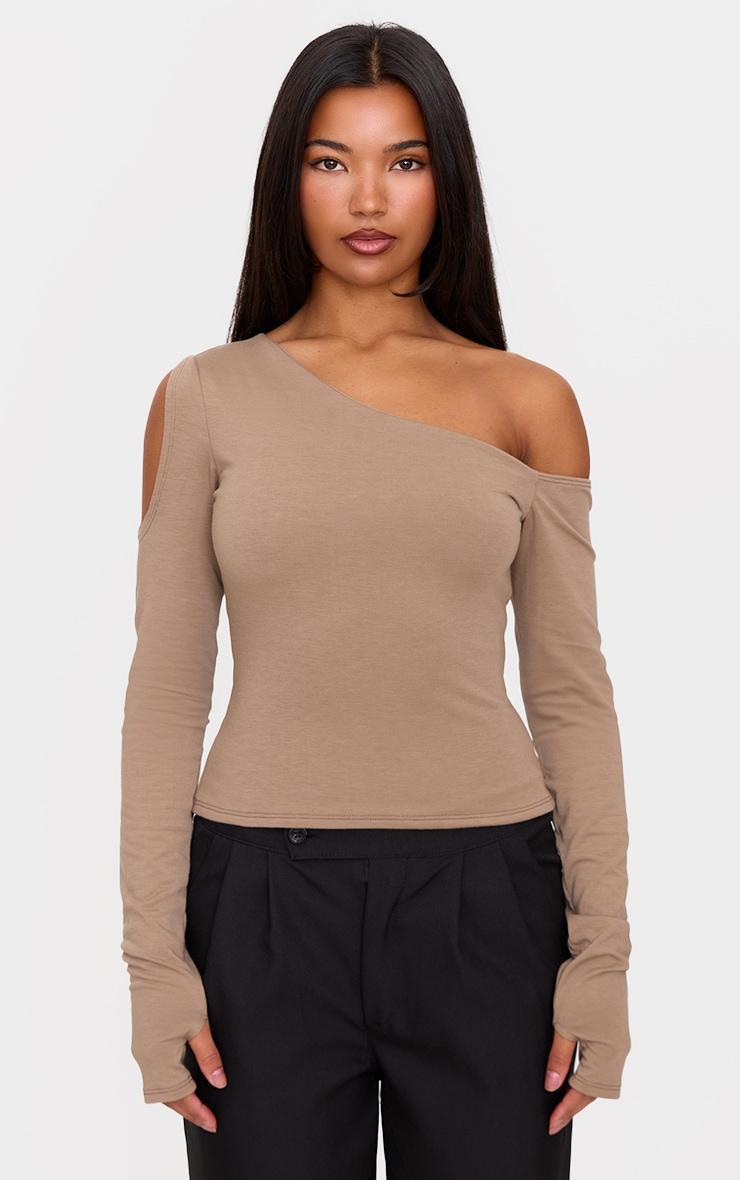 Taupe Contour Jersey Bardot Long Sleeve Top Product Image