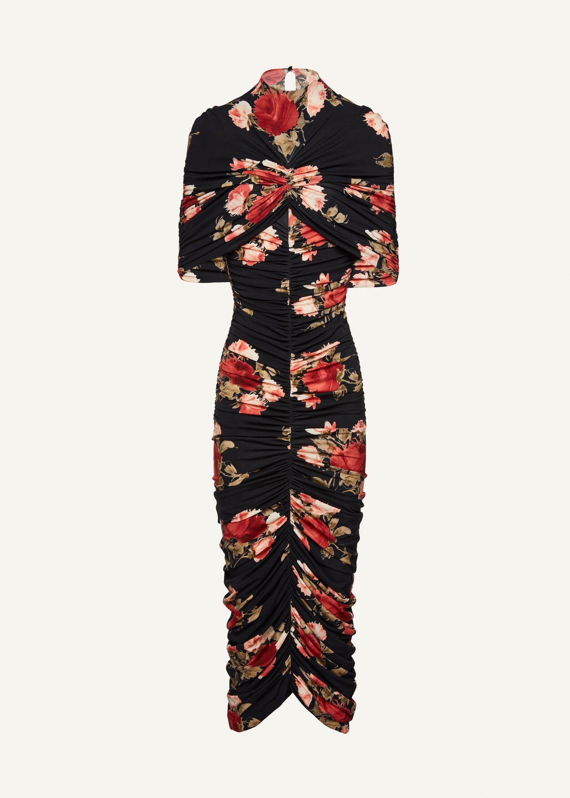 Ruched cape midi dress in black print Product Image