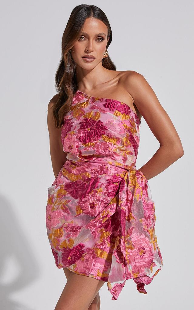 Brailey Mini Dress - One Shoulder Wrap Front Dress in Pink Jacquard Product Image