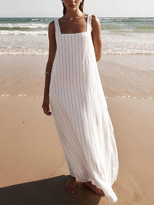 A-Line Loose Striped Square-Neck Maxi Dresses Product Image