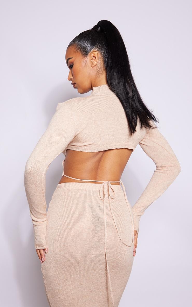 Oatmeal Tie Back Long Sleeve Knit Crop Top Product Image