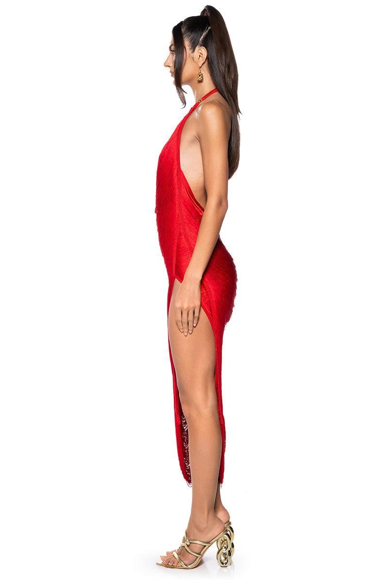 GIANINA FRINGED COWL NECK MAXI DRESS IN RED Product Image