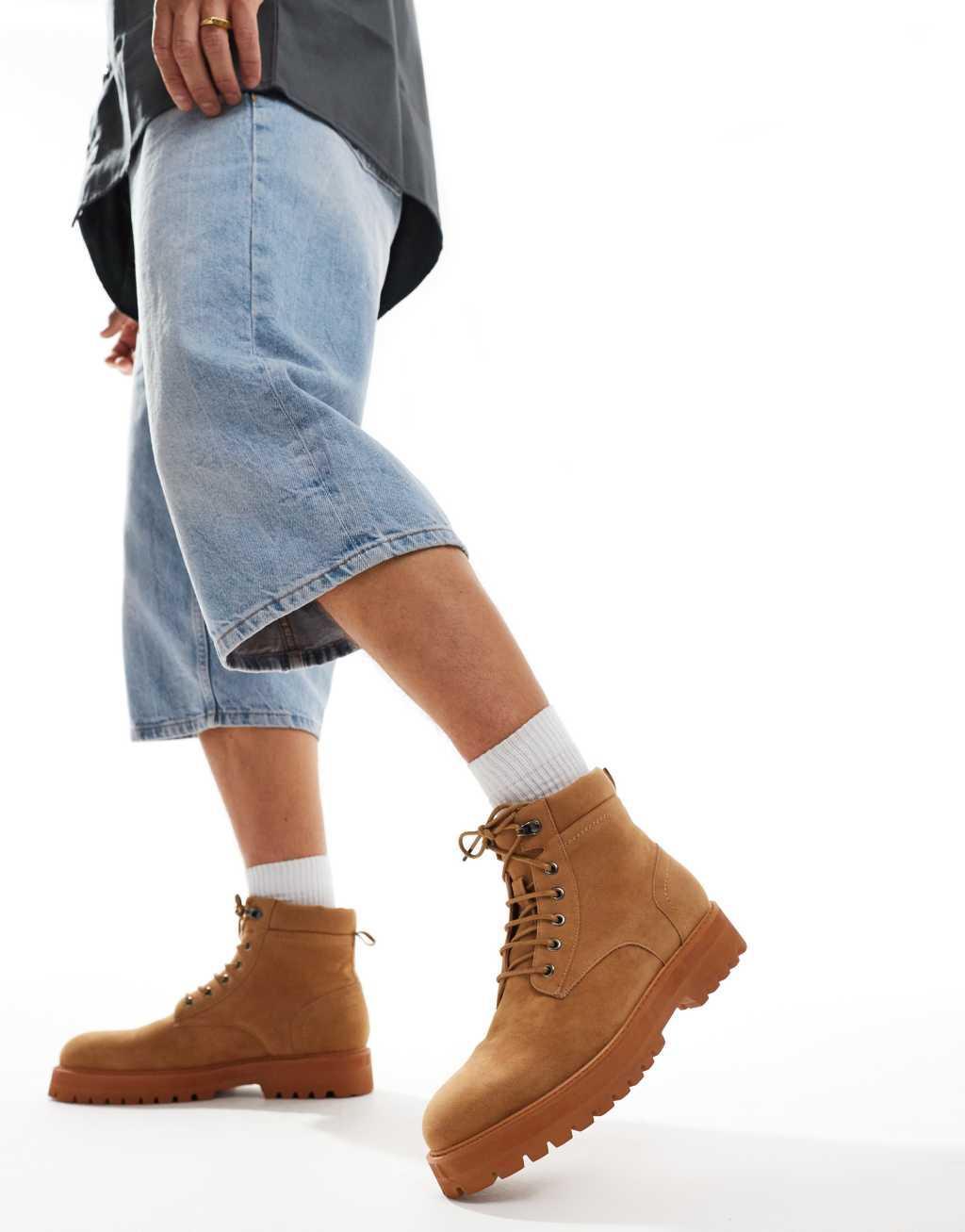 ASOS DESIGN lace up worker boots in tan Product Image