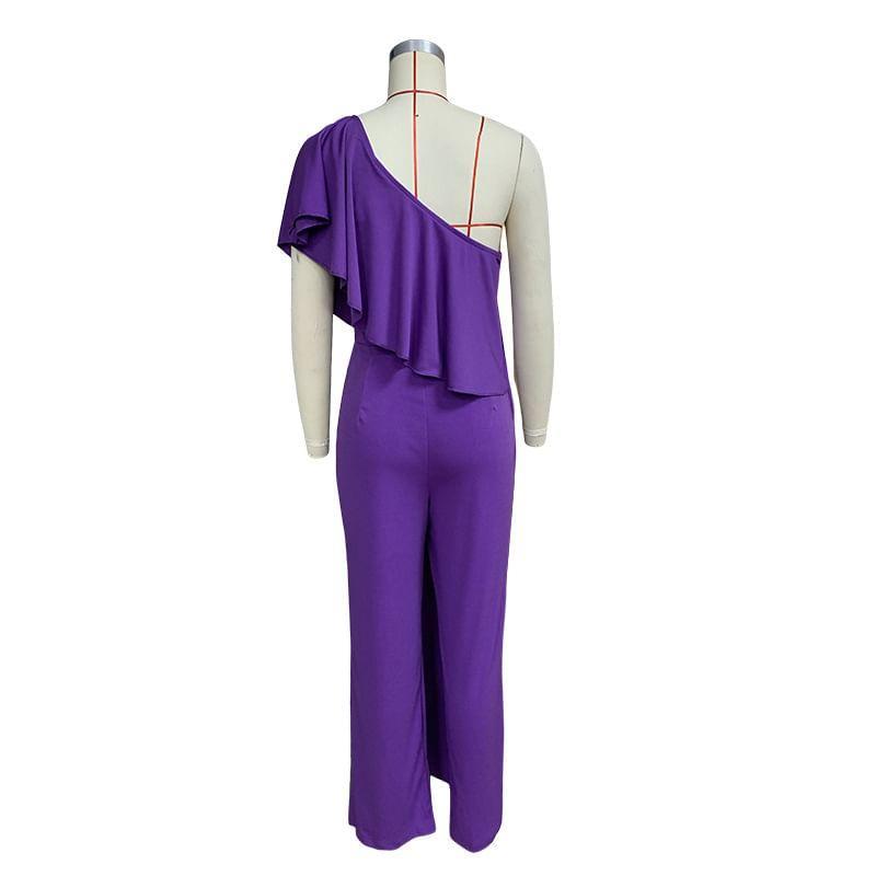 Short-Sleeve Asymmetrical Plain Wide Leg Jumpsuit Product Image