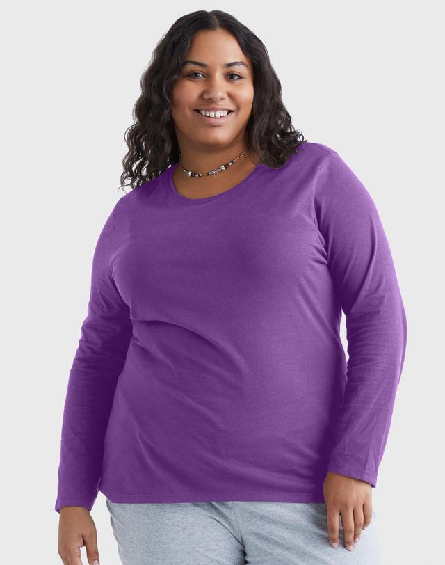 Hanes Womens Long Sleeve Scoop Neck Cotton T-Shirt (Plus Size) Violet Splendor 2X Product Image