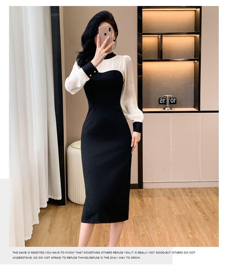 Long-Sleeve Mock Neck Two Tone Midi Sheath Dress Product Image