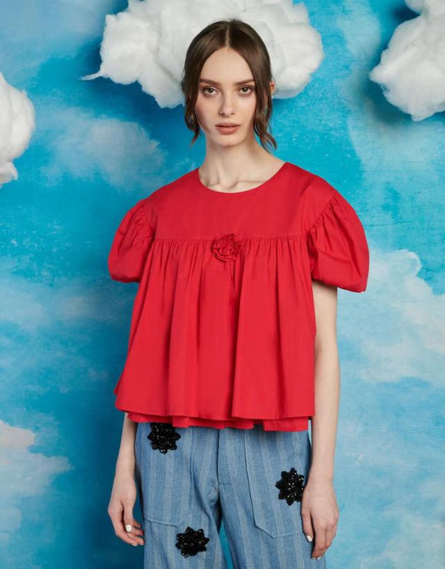 Sister Jane rosette puff sleeve smock top in red Product Image