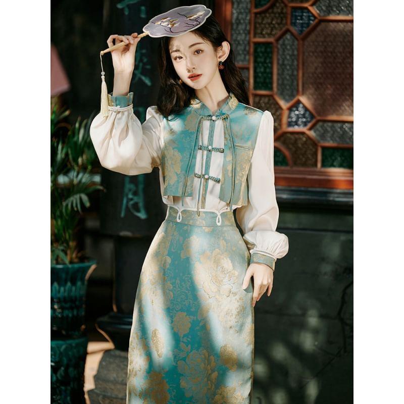 Set: Puff-Sleeve Floral Mock Two-Piece Blouse + High Rise Maxi Pencil Skirt Product Image