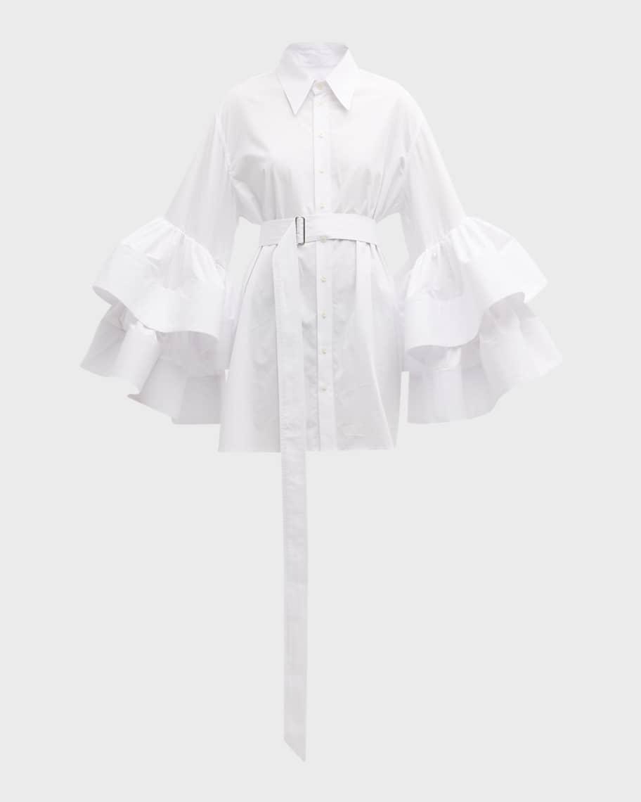 Belted Mini Shirtdress with Jumbo Ruffle Sleeves Product Image