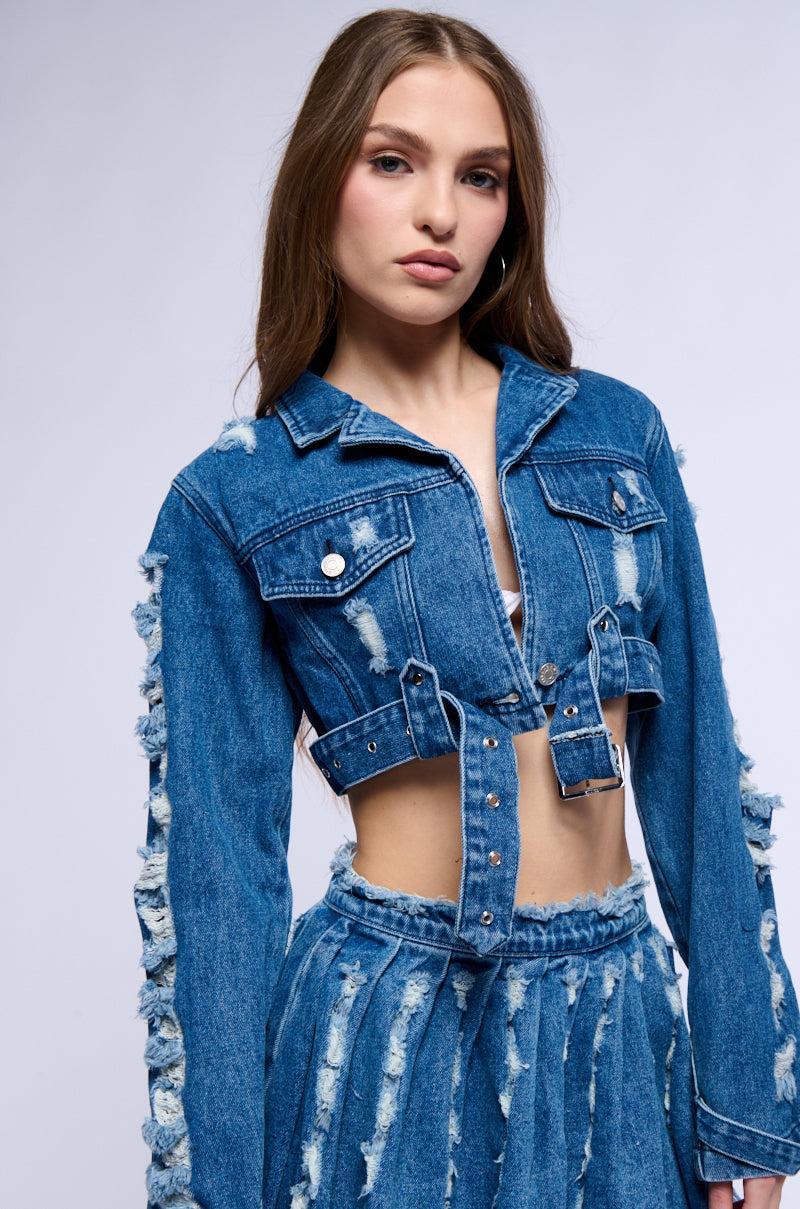 STRESSED OUT CUT OUT CROP DENIM JACKET Product Image