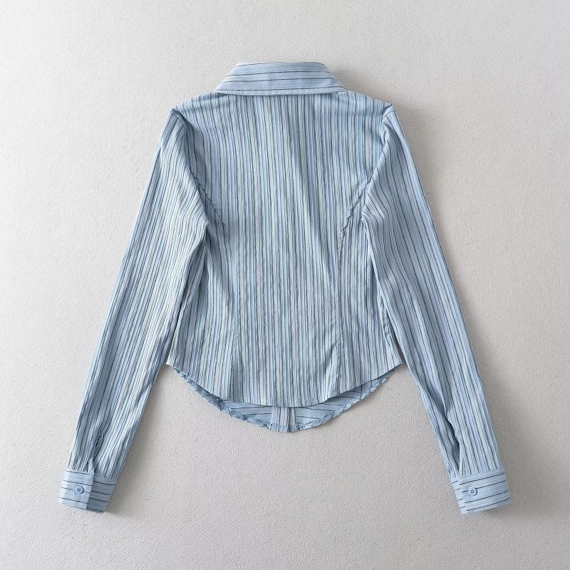 Long-Sleeve Collared Striped Ruched Shirt Product Image