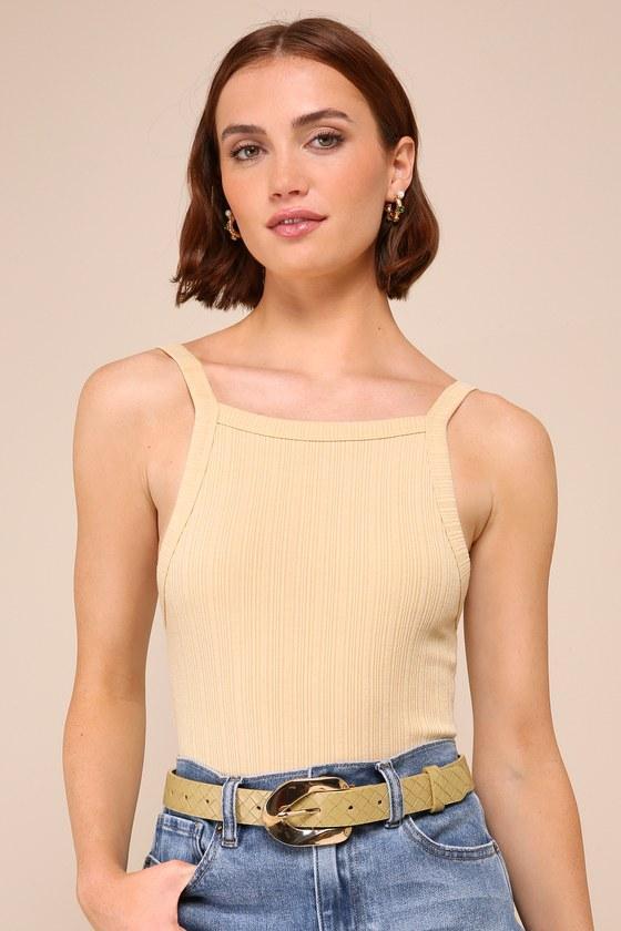 Casual Icon Beige Ribbed Apron Neck Sleeveless Bodysuit Product Image