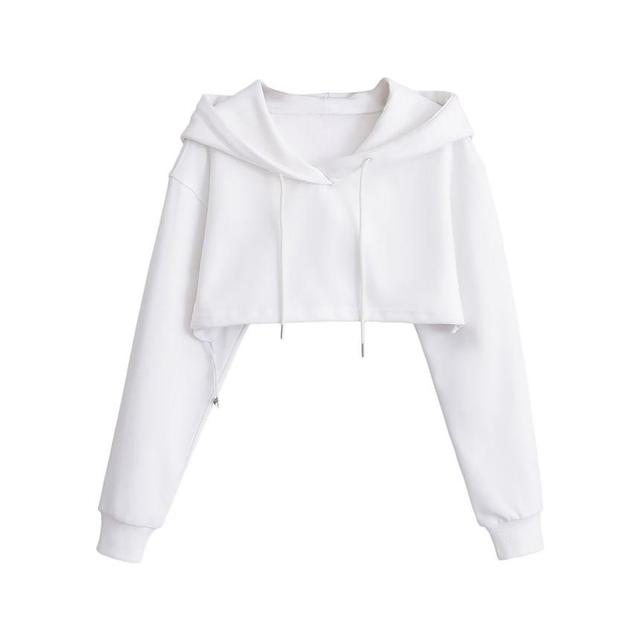 Long-Sleeve Plain Drawstring Crop Hoodie Product Image