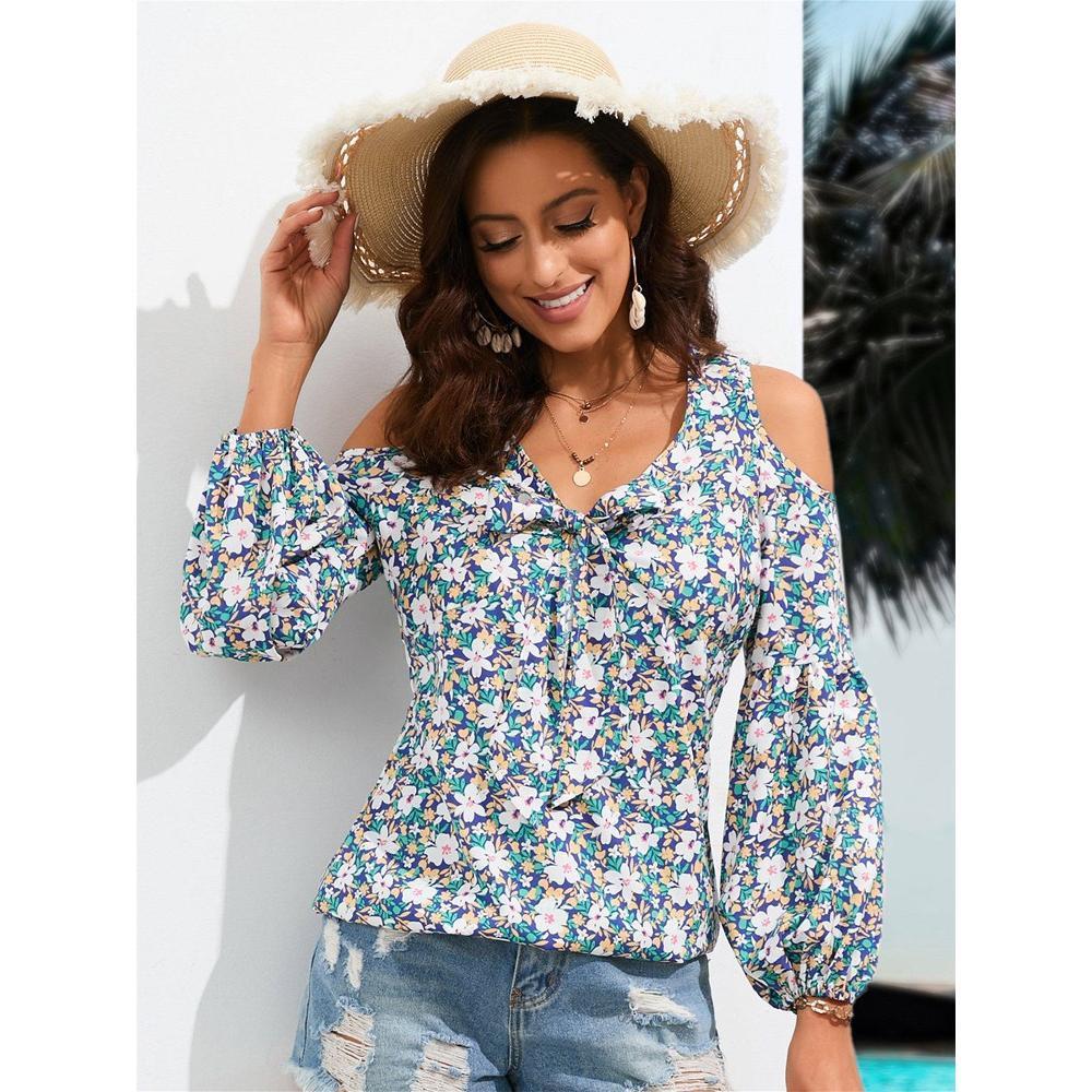 Womens Summer Tops Cold Shoulder Blouse Front Tie V Neck Tops Casual Boho Floral Tunic Blouse, Summer Beachwear, Vacation Outfits - Blue-Green ,2XL Product Image