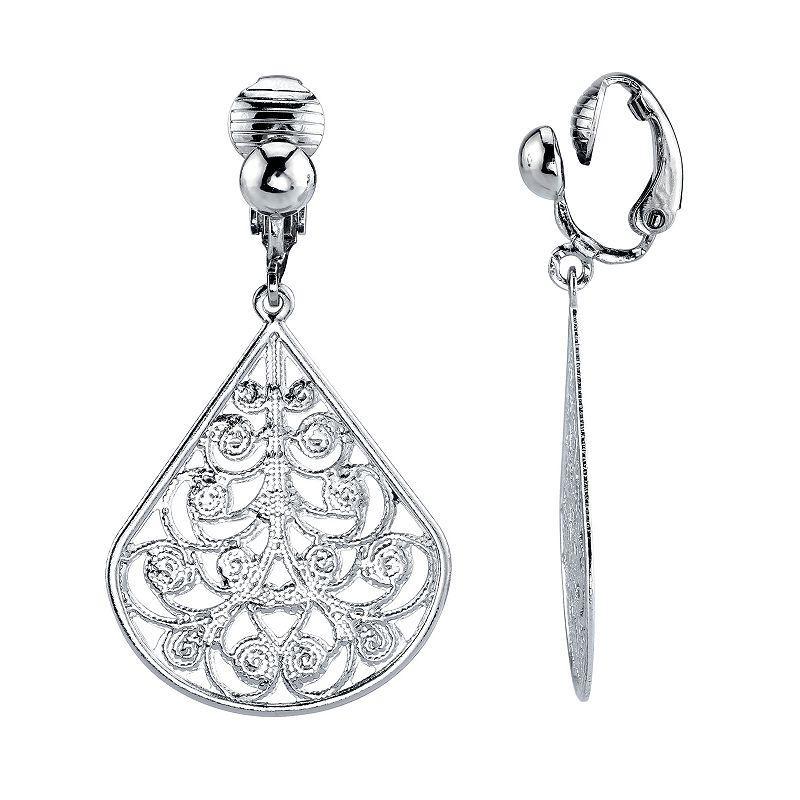 1928 Filigree Detail Teardrop Earrings, Womens, Silver Tone Product Image