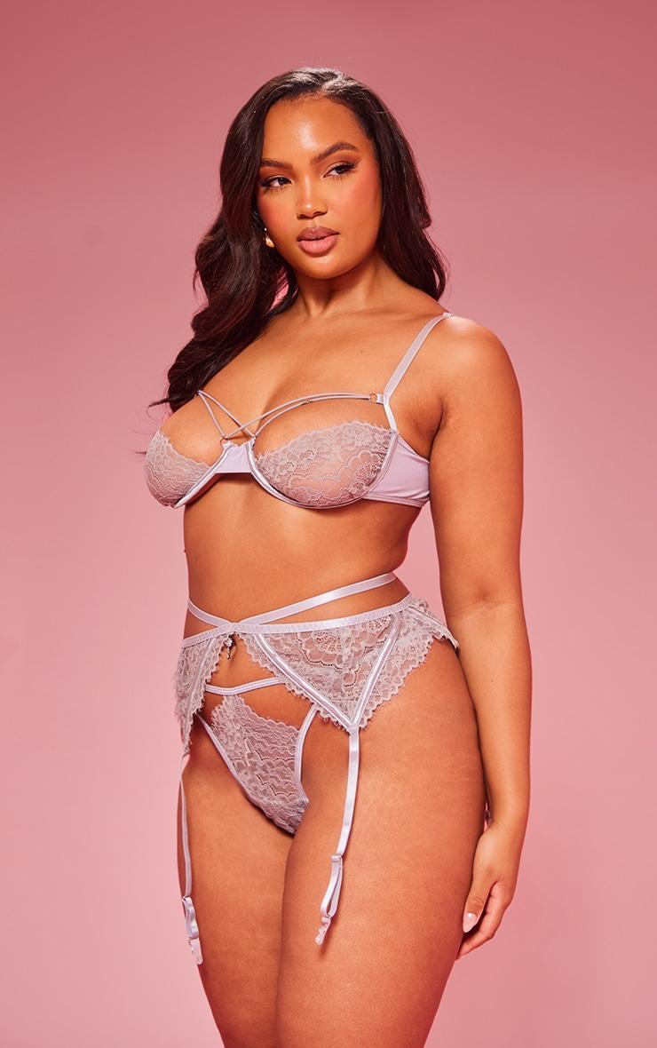 Plus Grey Lace Up Detail Cut Out 3 Piece Lingerie Set Product Image