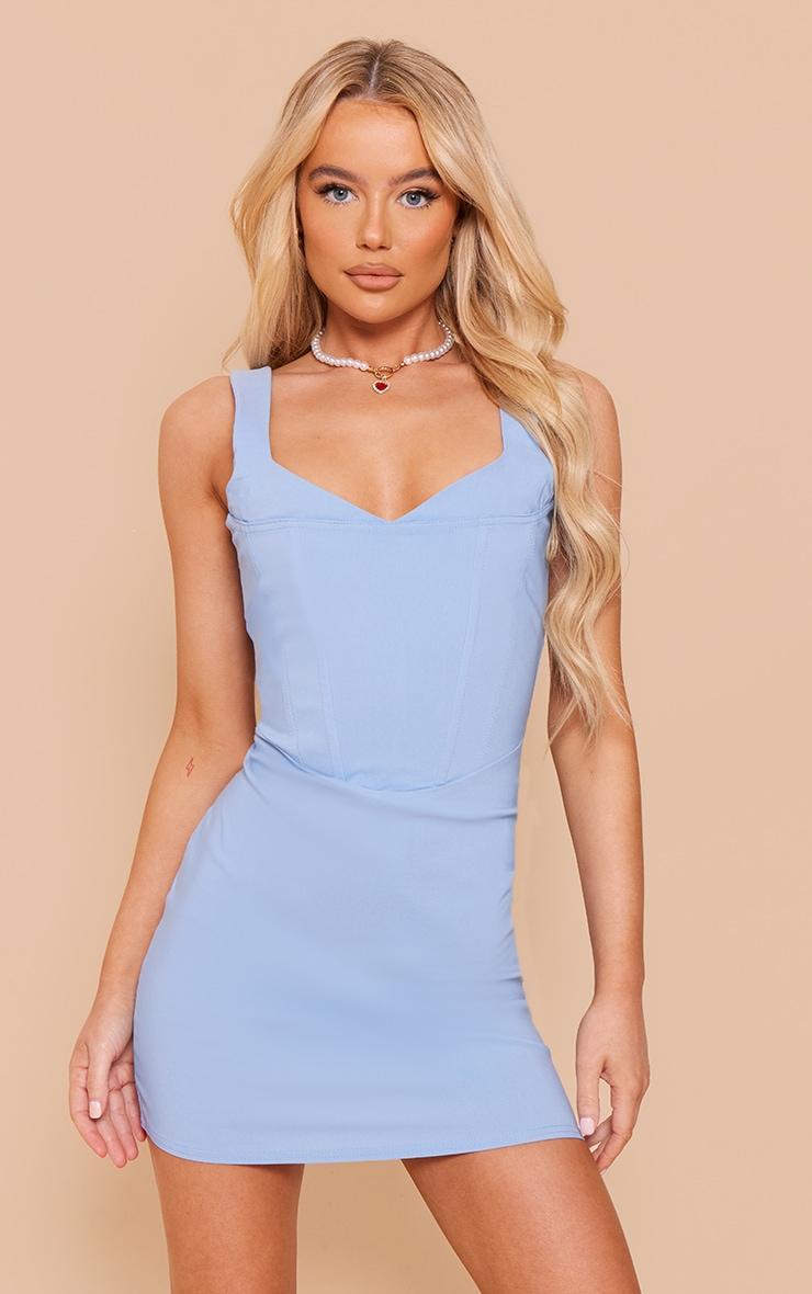 Pale Blue Stretch Woven Cup Detail Thick Strap Mini Dress Product Image