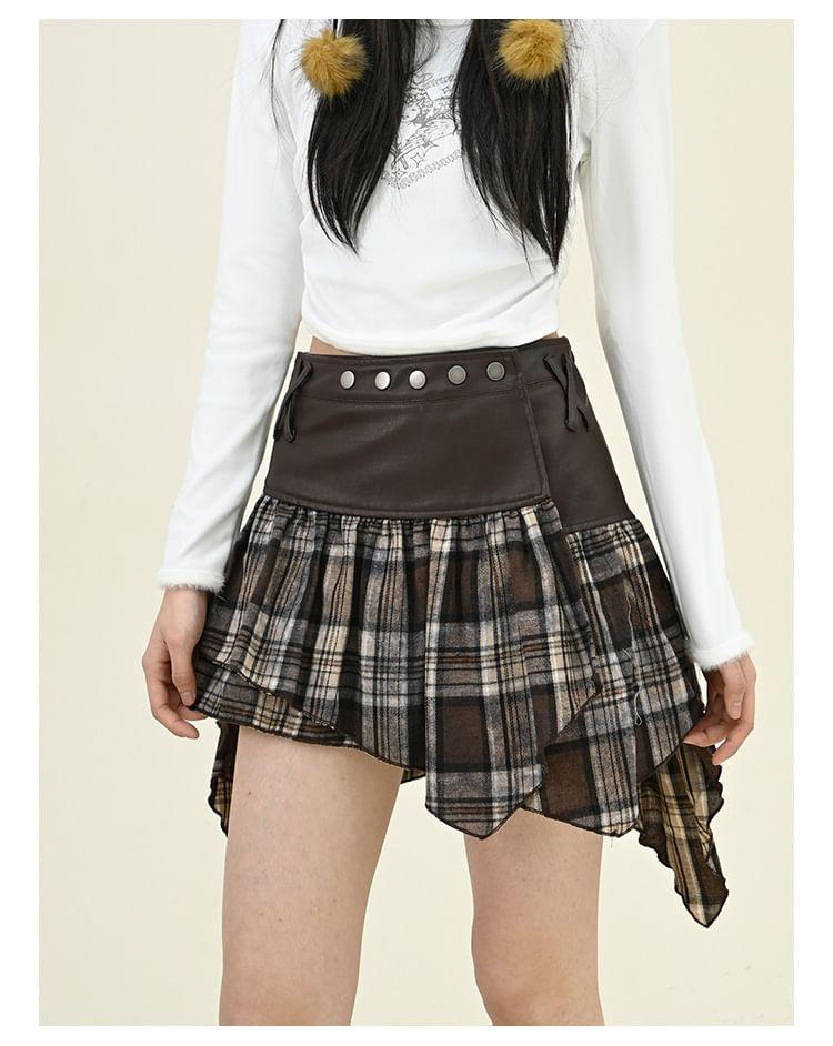 High Waist Plaid Panel Mini A-Line Skirt Product Image