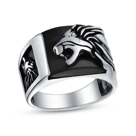 Men's Rectangular Onyx Oxidized Lion Head Overlay Ring in Sterling Silver Product Image