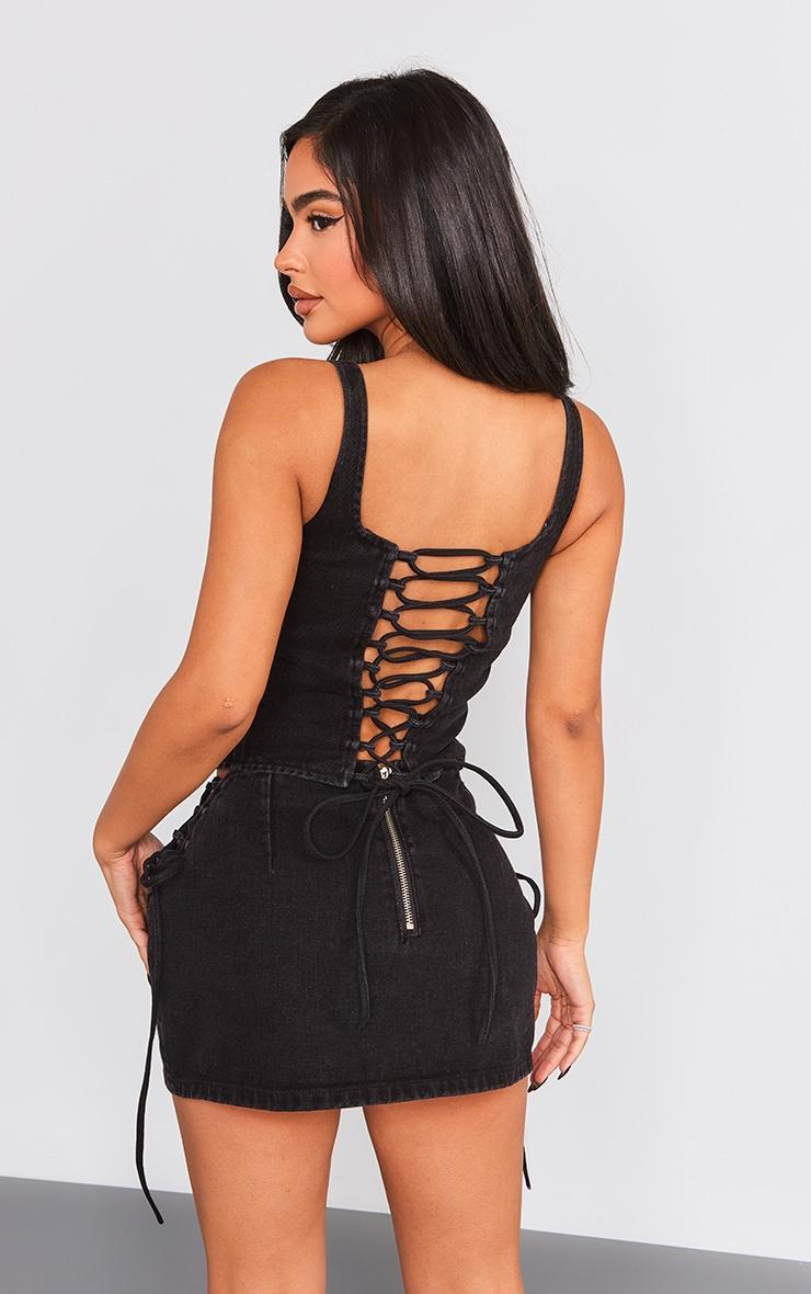 Petite Washed Black Denim Lace Up Corset Top Product Image