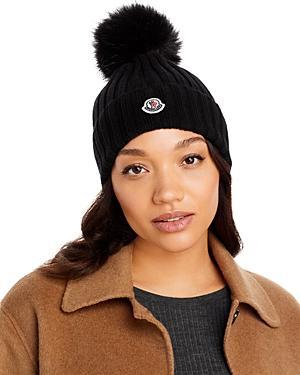 Moncler Virgin Wool Rib Beanie with Faux Fur Pompom Product Image