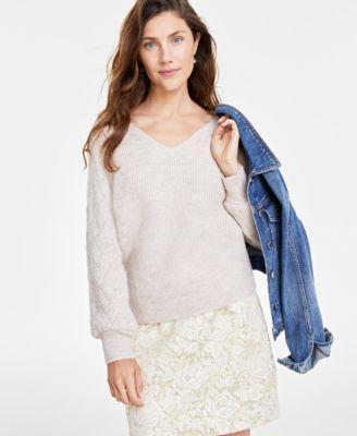 Women's V-Neck Pointelle-Sleeve Sweater, Created for Macy's Product Image