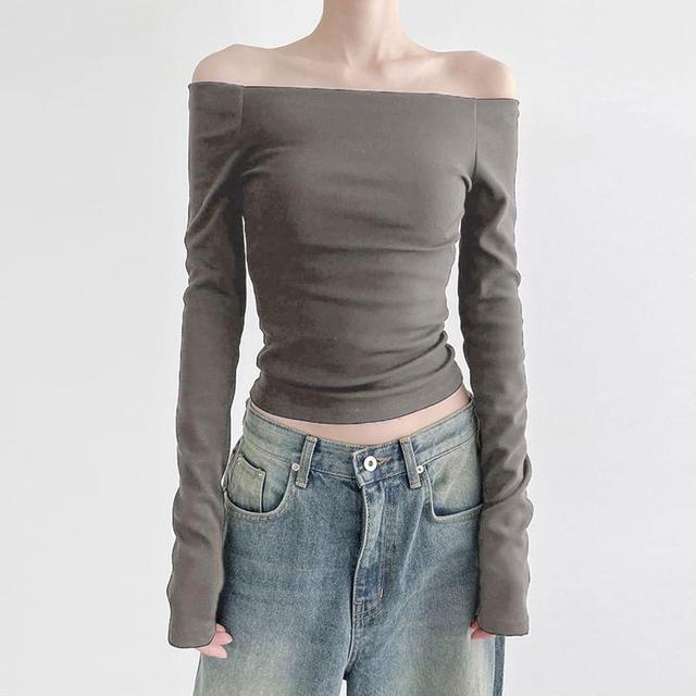 Long-Sleeve Off-Shoulder Plain Crop Slim Fit T-Shirt Product Image