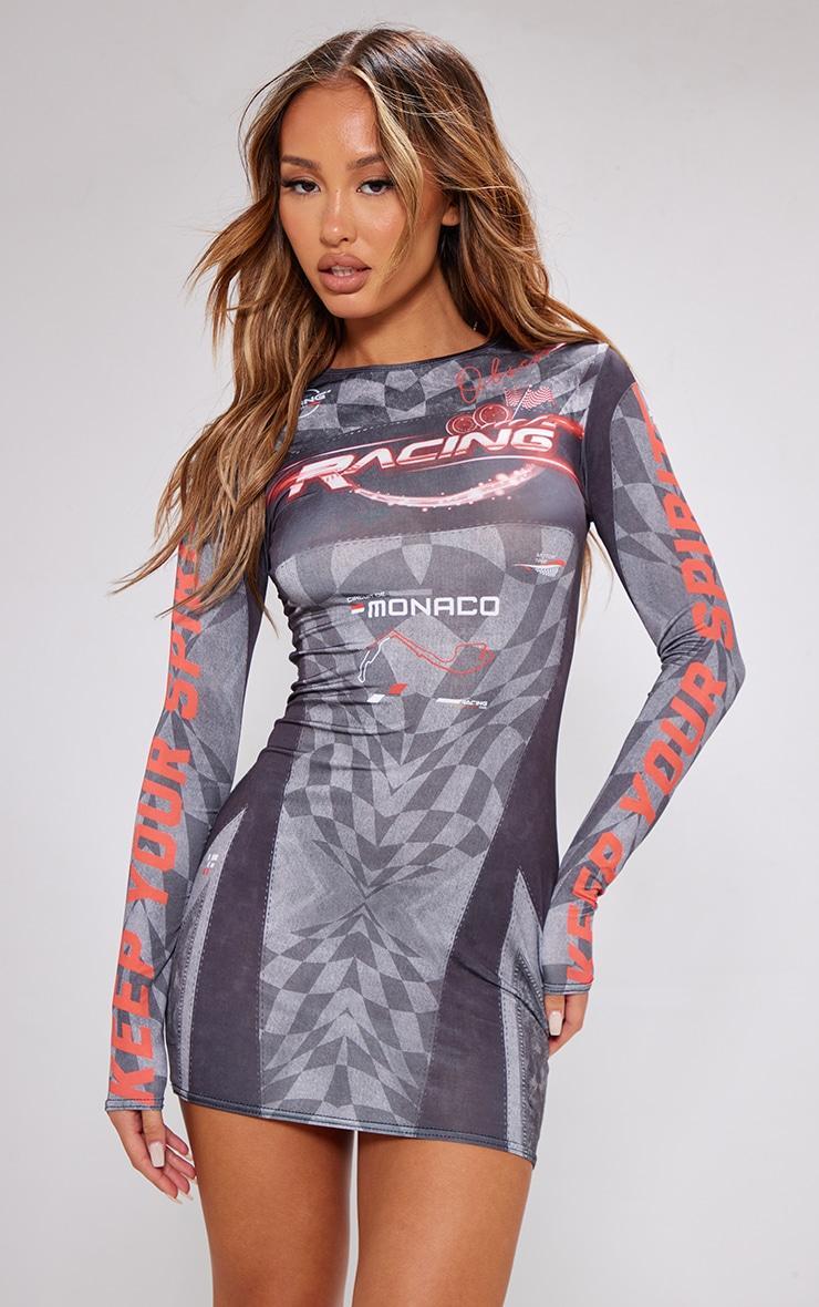 Petite Red Motocross Racer Print Long Sleeve Bodycon Dress Product Image