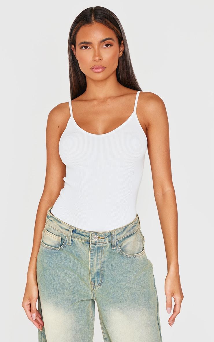 White Snatched Rib Strappy Bodysuit Product Image