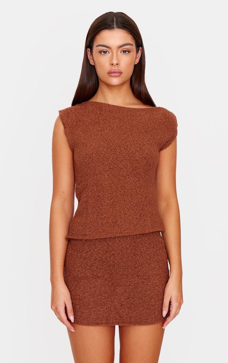 Mocha Fluffy Boucle Knit Asymmetric Ruched Shoulder Top Product Image