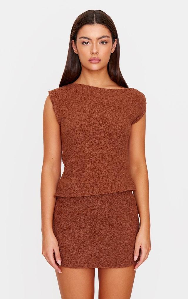 Mocha Fluffy Boucle Knit Asymmetric Ruched Shoulder Top Product Image