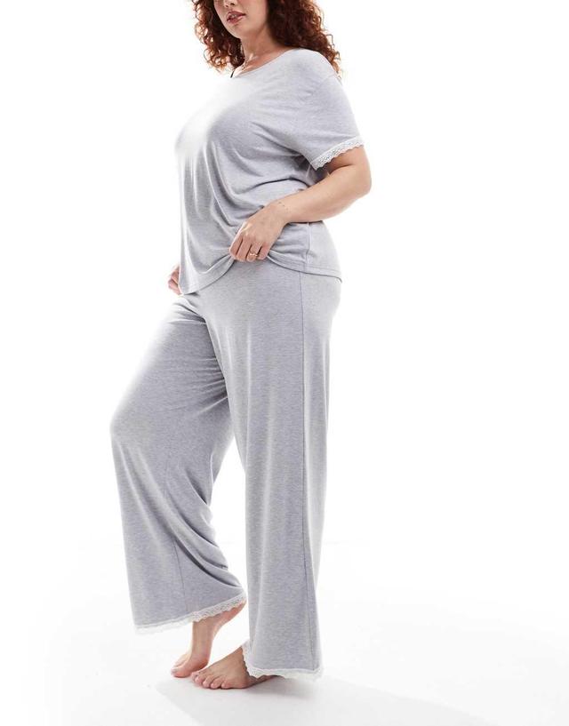 ASOS DESIGN Curve Exclusive super soft tee & pants pajama set in gray heather with lace trim  Product Image