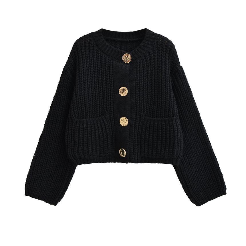 Round Neck Plain Pocket Detail Cardigan Product Image