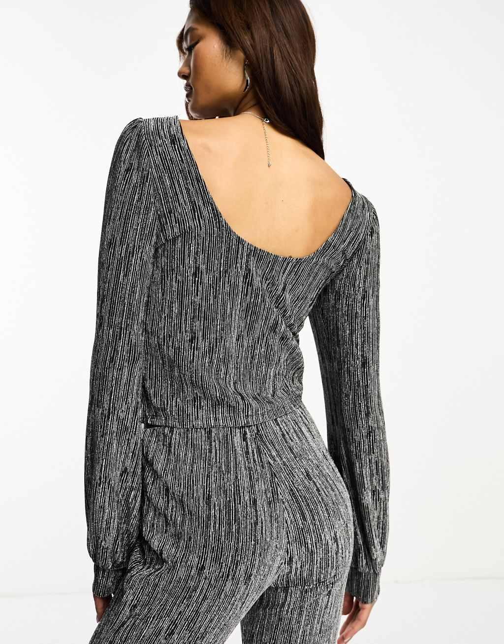 JDY scoop back puff sleeve top in black and silver glitter - part of a set Product Image