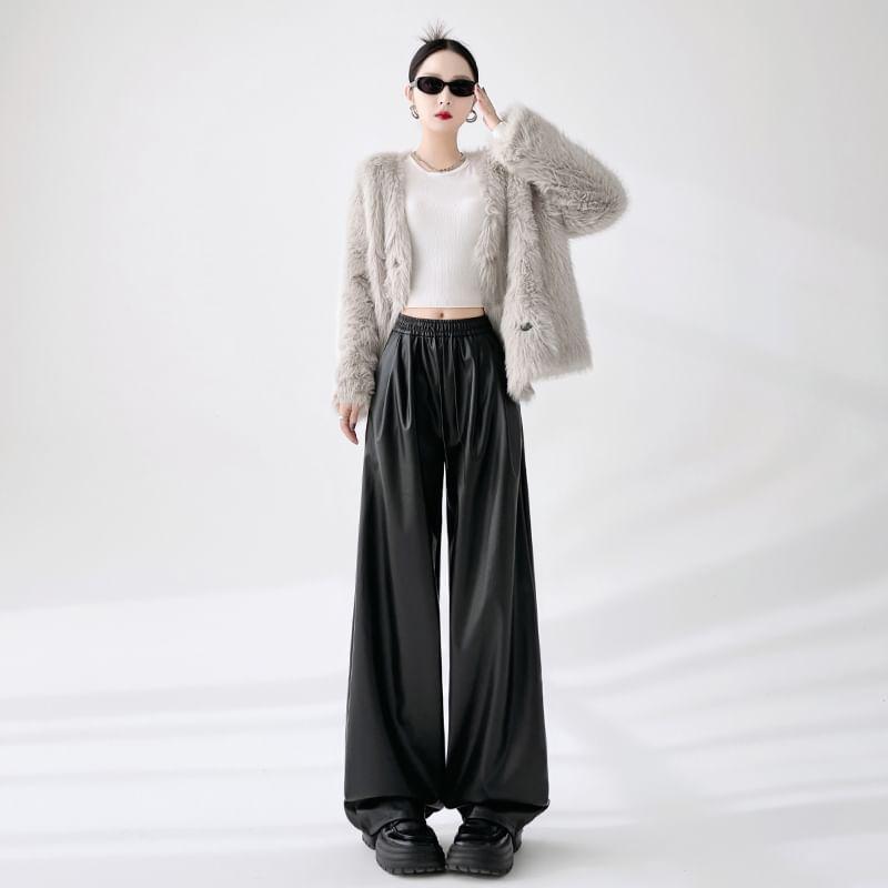 Elastic Waist Plain Faux Leather Wide Leg Pants Product Image