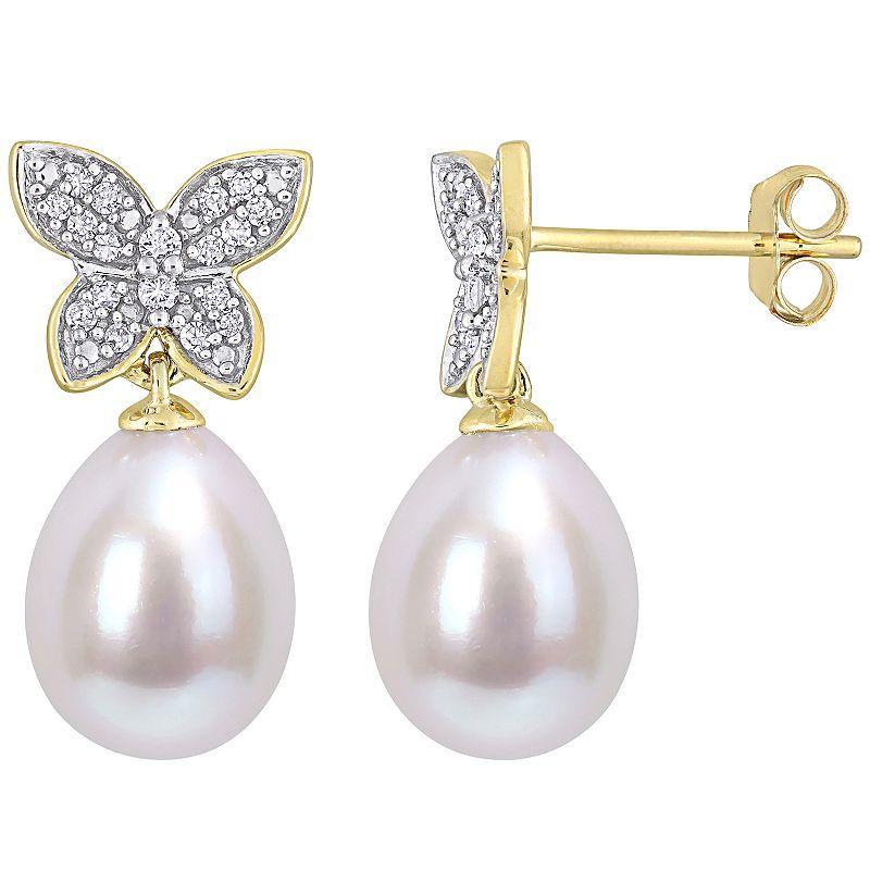 Stella Grace 10k Gold Freshwater Cultured Pearl & 1/8 Carat T.W Diamond Butterfly Drop Earrings, Womens Product Image