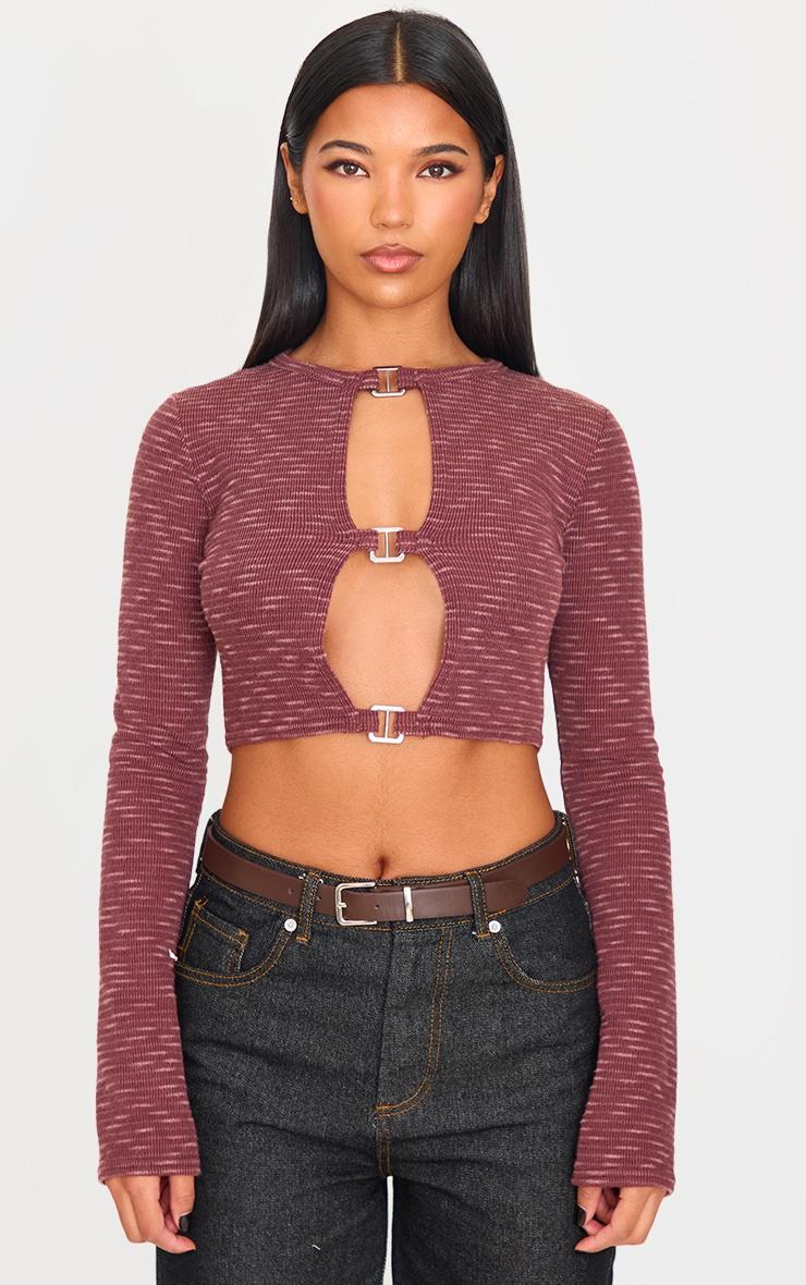 Brown Distressed Look Buckle Detail Long Sleeve Top Product Image