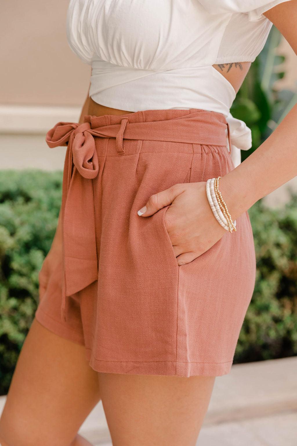 Bayside Stroll Terracotta Paperbag Linen Shorts FINAL SALE Product Image