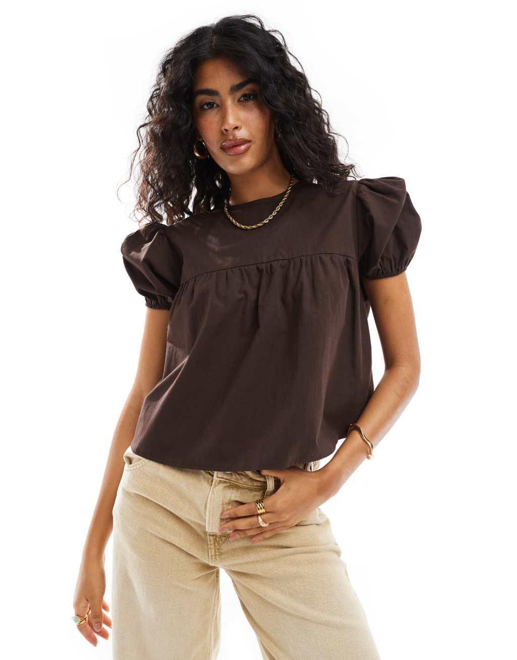 ASOS DESIGN smock top with puff sleeves in chocolate Product Image