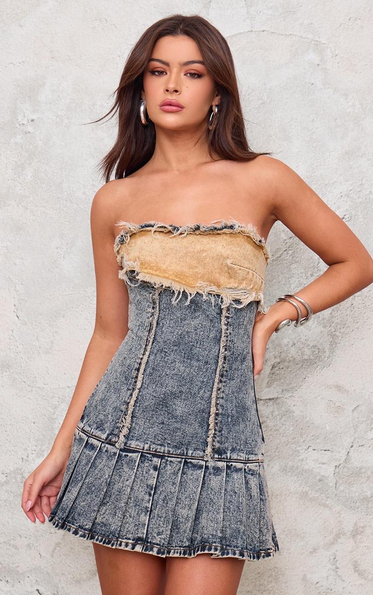 Brown Layered Denim Pleated Mini Dress product image