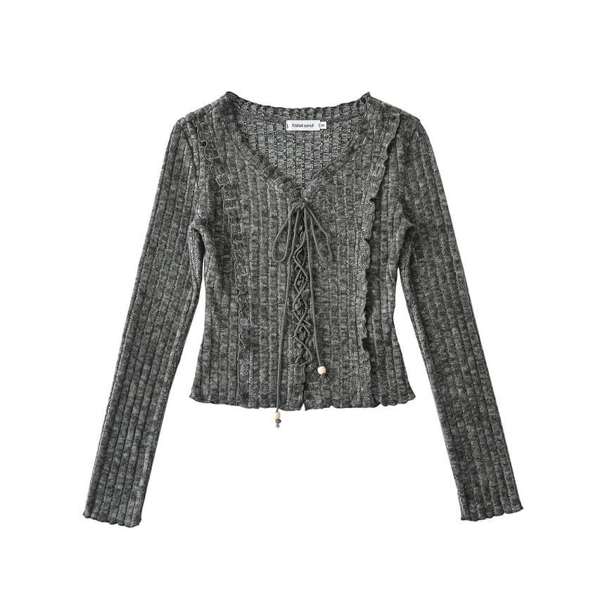 Long-Sleeve V-Neck Melange Lace-Up Ribbed Knit Top Product Image