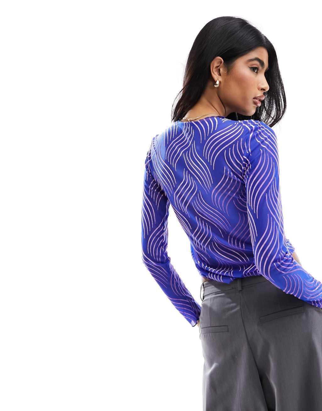 Pieces mesh textured top in burnout bright blue and pink Product Image