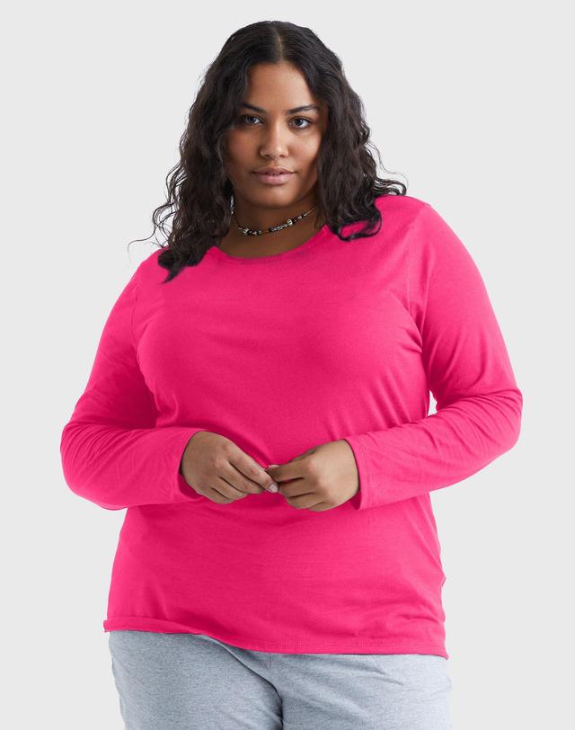 Hanes Womens Long Sleeve Scoop Neck Cotton T-Shirt (Plus Size) Violet Splendor 2X Product Image