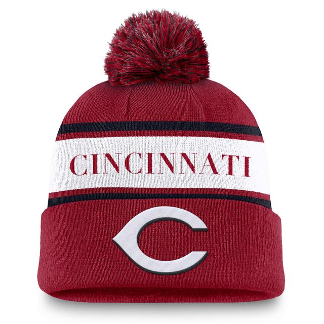 Mens Nike Red Cincinnati Reds Team Stripe Peak Cuffed Knit Hat with Pom Product Image