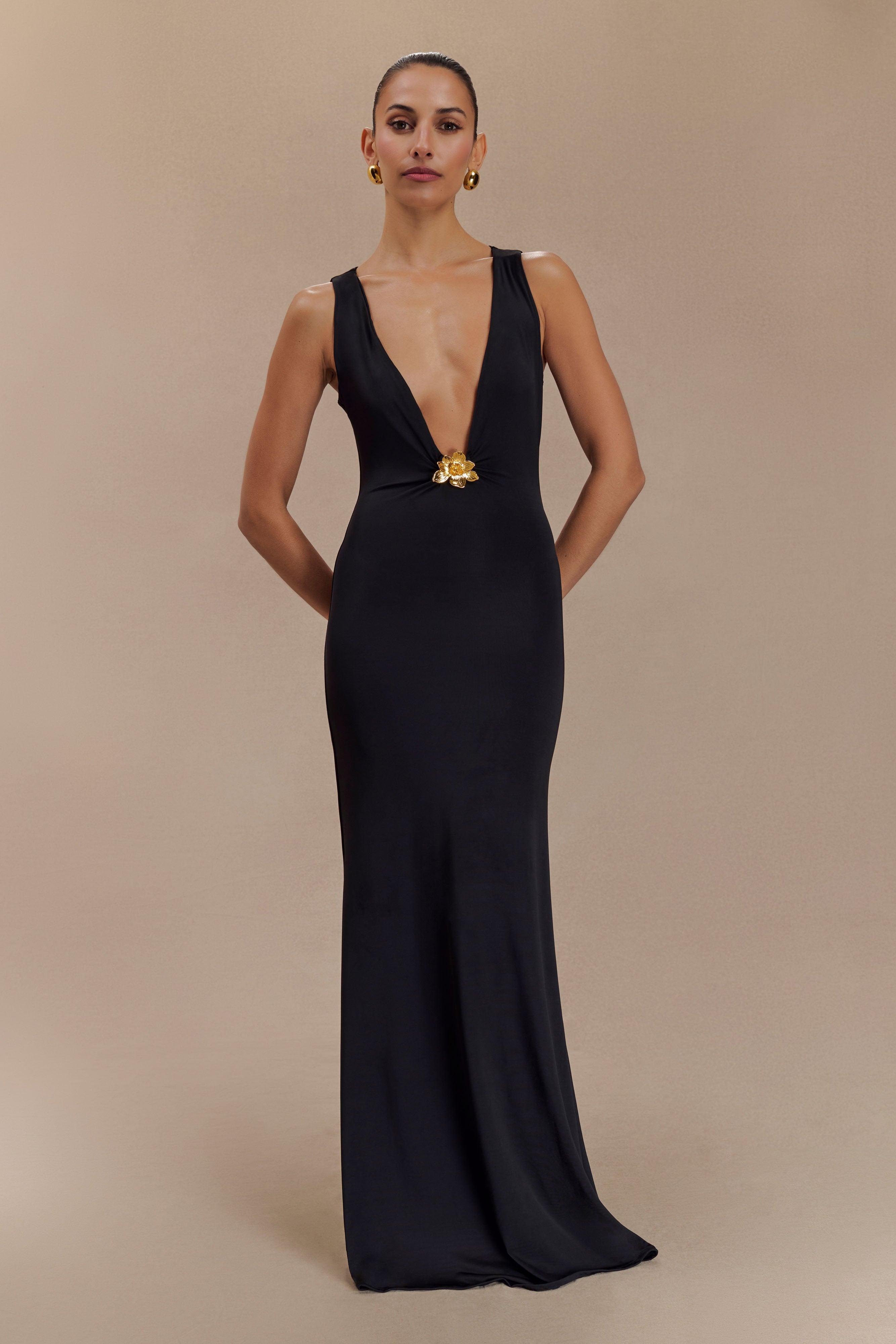 Beck Plunge Maxi Dress With Floral Hardware - Black Product Image