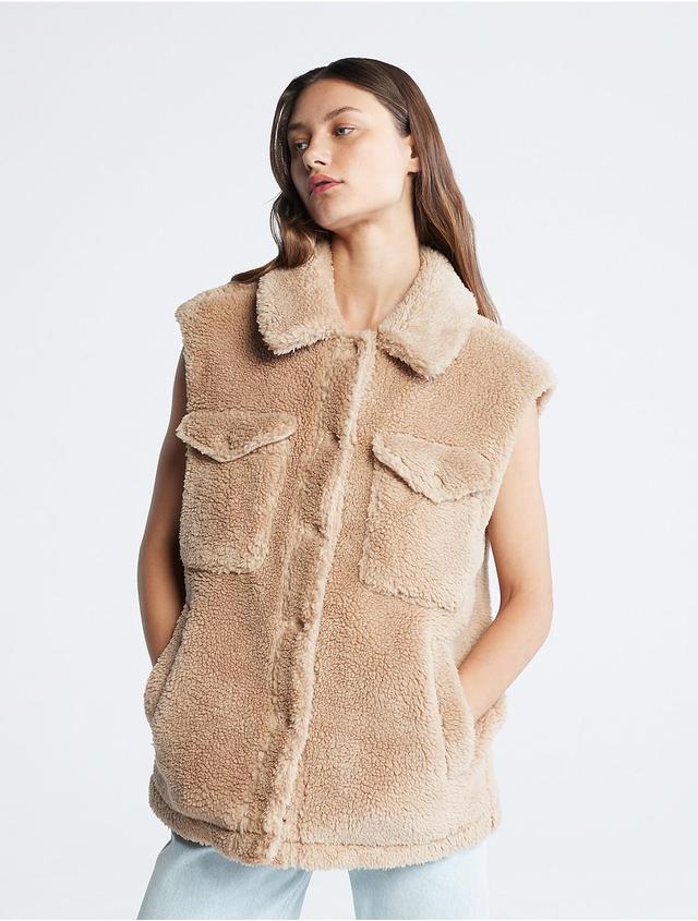 Calvin Klein Womens Sherpa Button-Down Vest - Brown - S Product Image