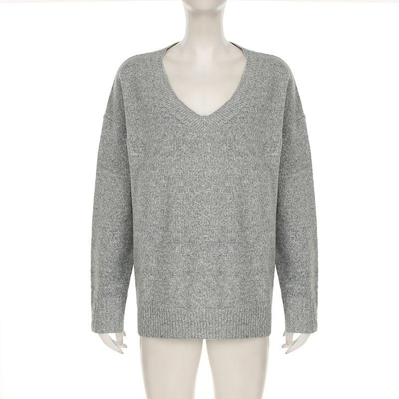 Drop Shoulder V-Neck Plain Oversized Sweater Product Image